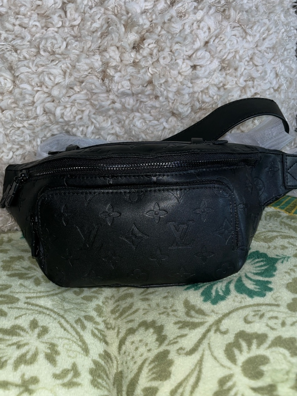 Source Unknown Black Embossed Monogram Leather Belt Bag